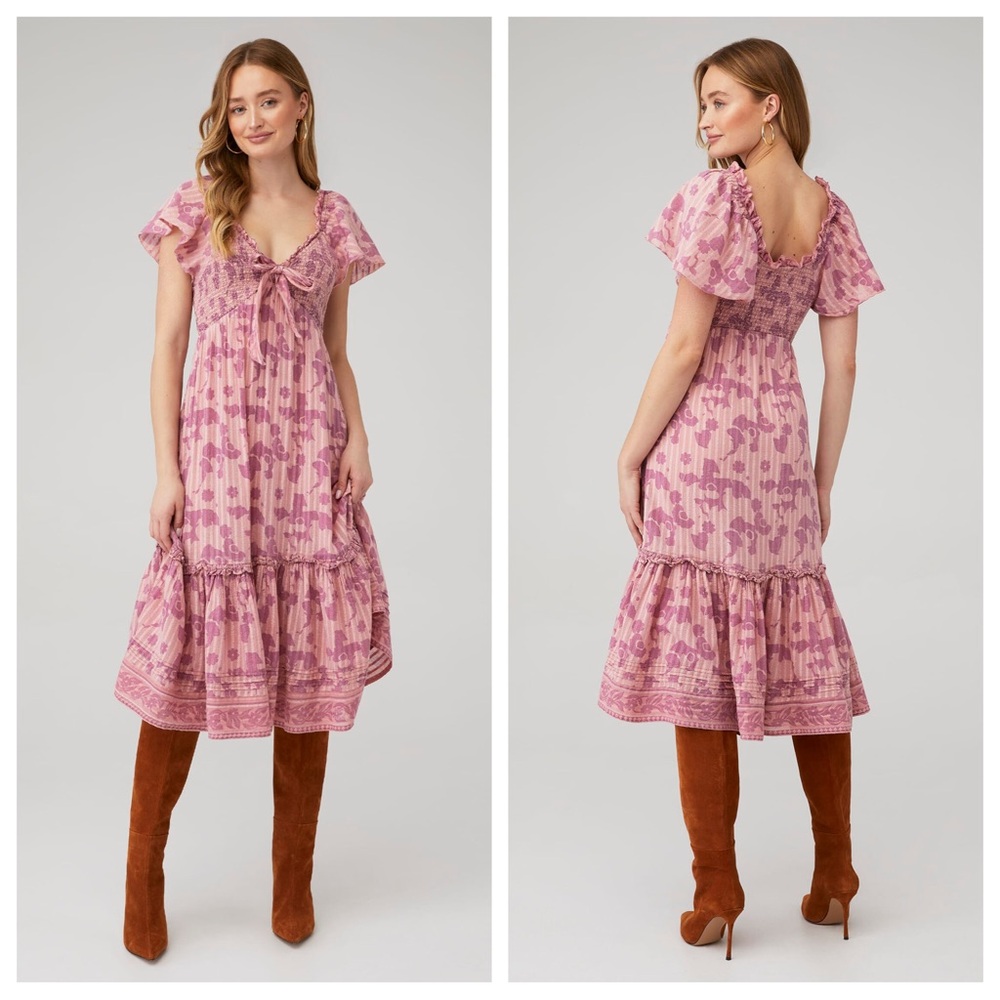 Cleobella Ashlyn Midi Dress Short Sleeve Tie Front Detail V-Neck Batik Print